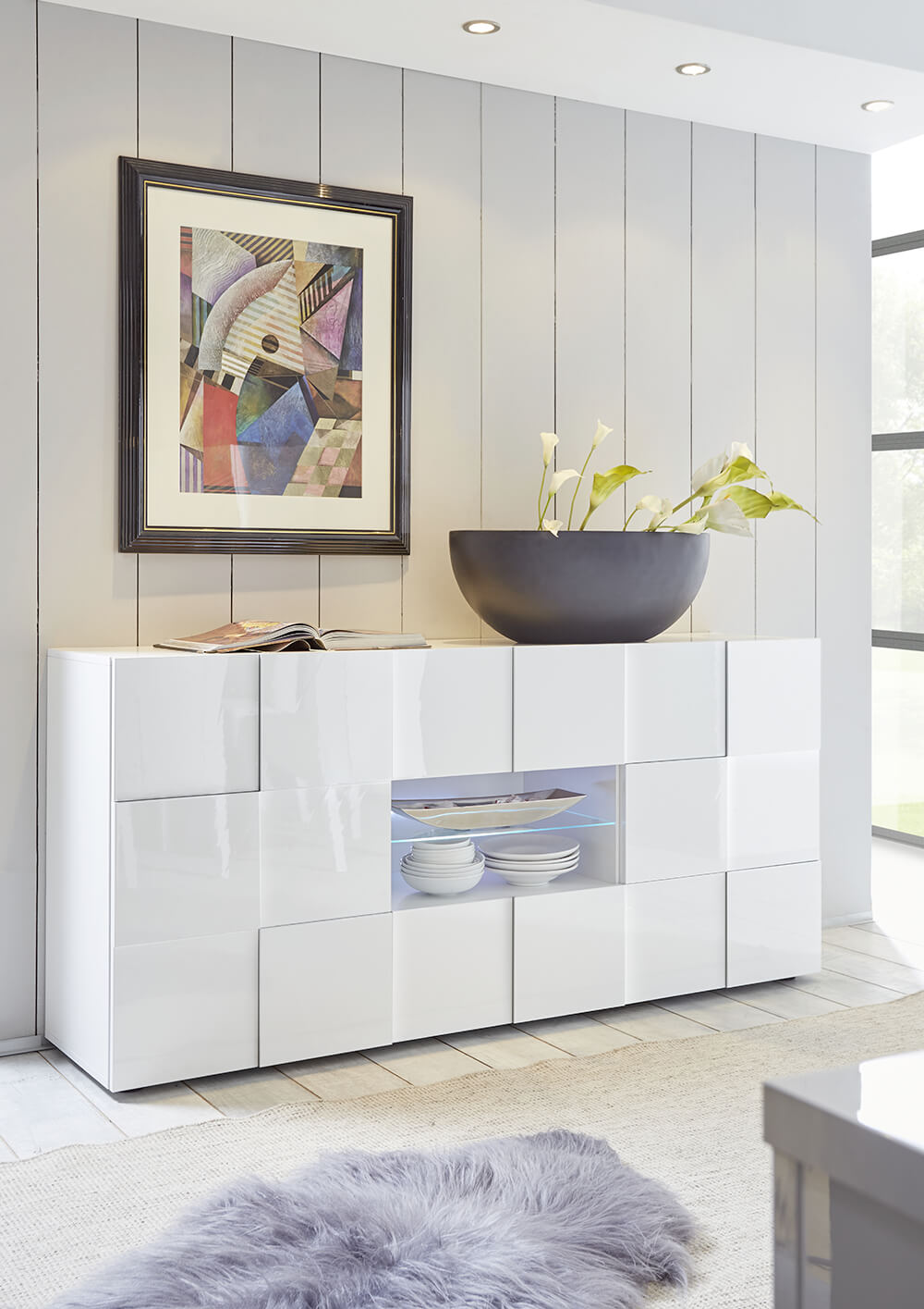 Credenza Mobile Soggiorno 2 Porte 2 Cassetti e Vetrina Centrale in Melamina 181x42x84cm TFT Chequers Bianco