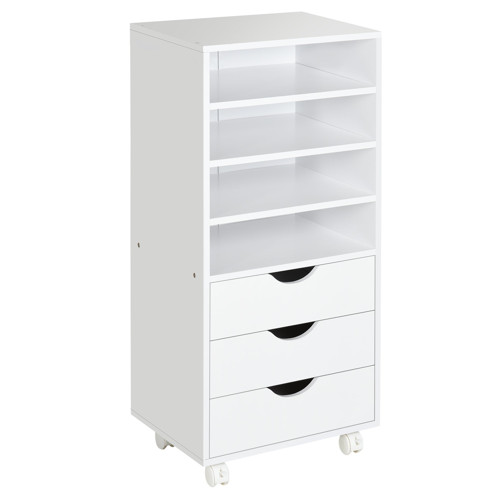 Cassettiera per Ufficio con Ruote 3 Cassetti 4 Ripiani in Legno 40x30x83 cm Bianco