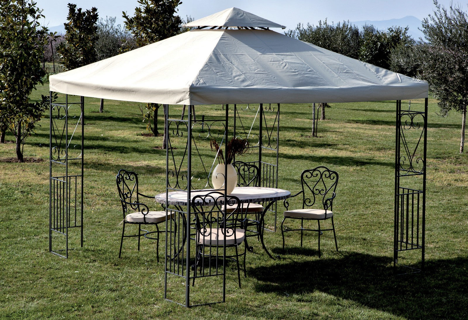 gazebo in metallo mt.3x3 pannelli laterali decorati ecru yf-3133b cod:ferx.35893