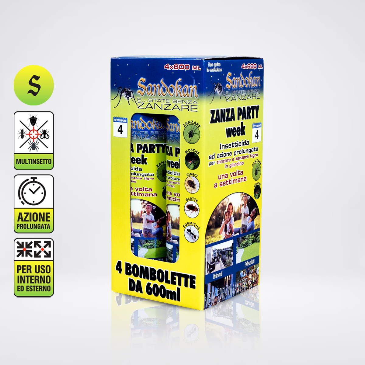 Insetticida effetto abbattente " zanza party " con spray jet per disinfestazioni immediate