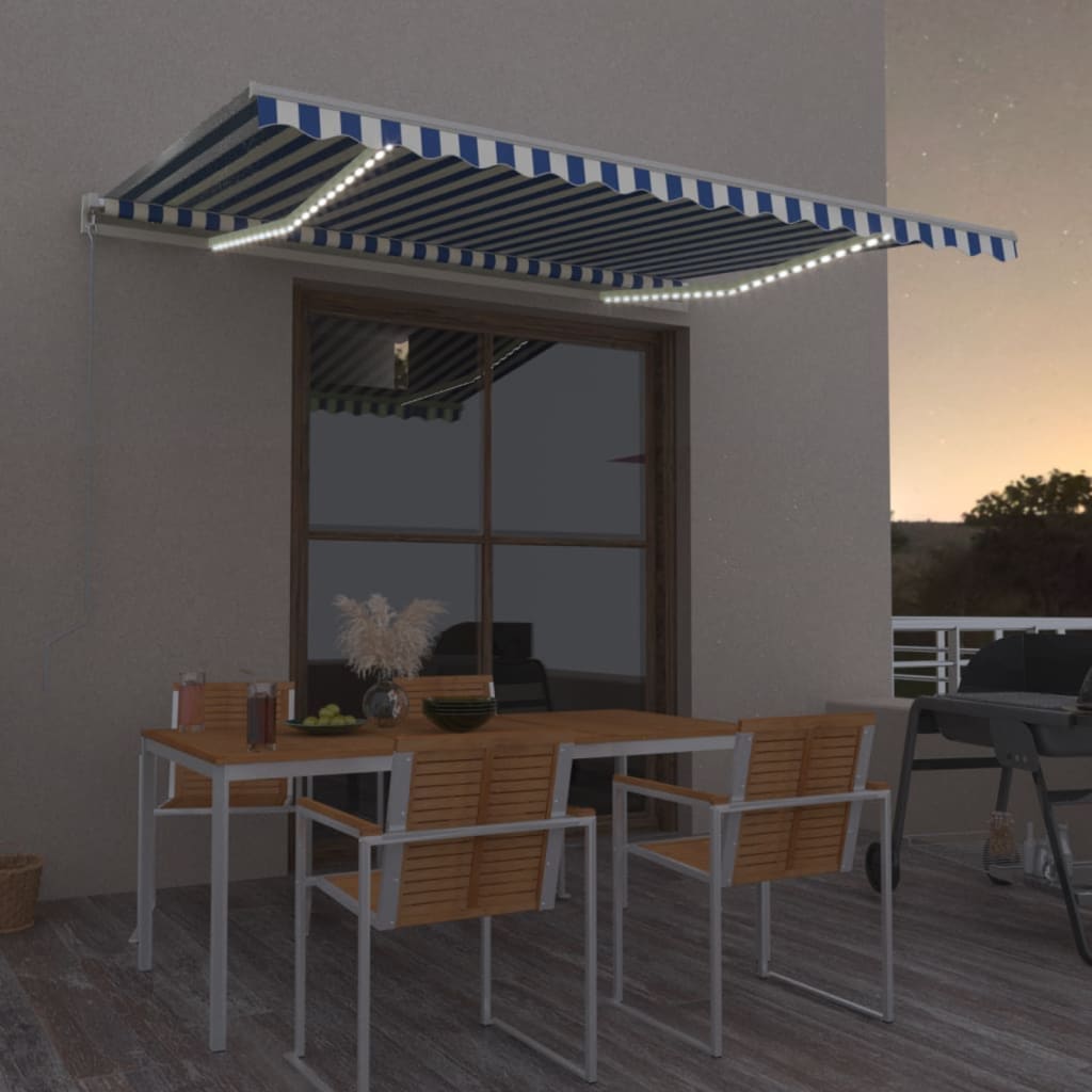 Tenda da Sole Retrattile Manuale con LED 400x350 cm Blu Bianco cod mxl 43678
