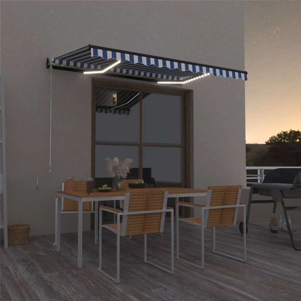 Tenda da Sole Retrattile Manuale con LED 350x250cm Blu e Bianca cod mxl 51595