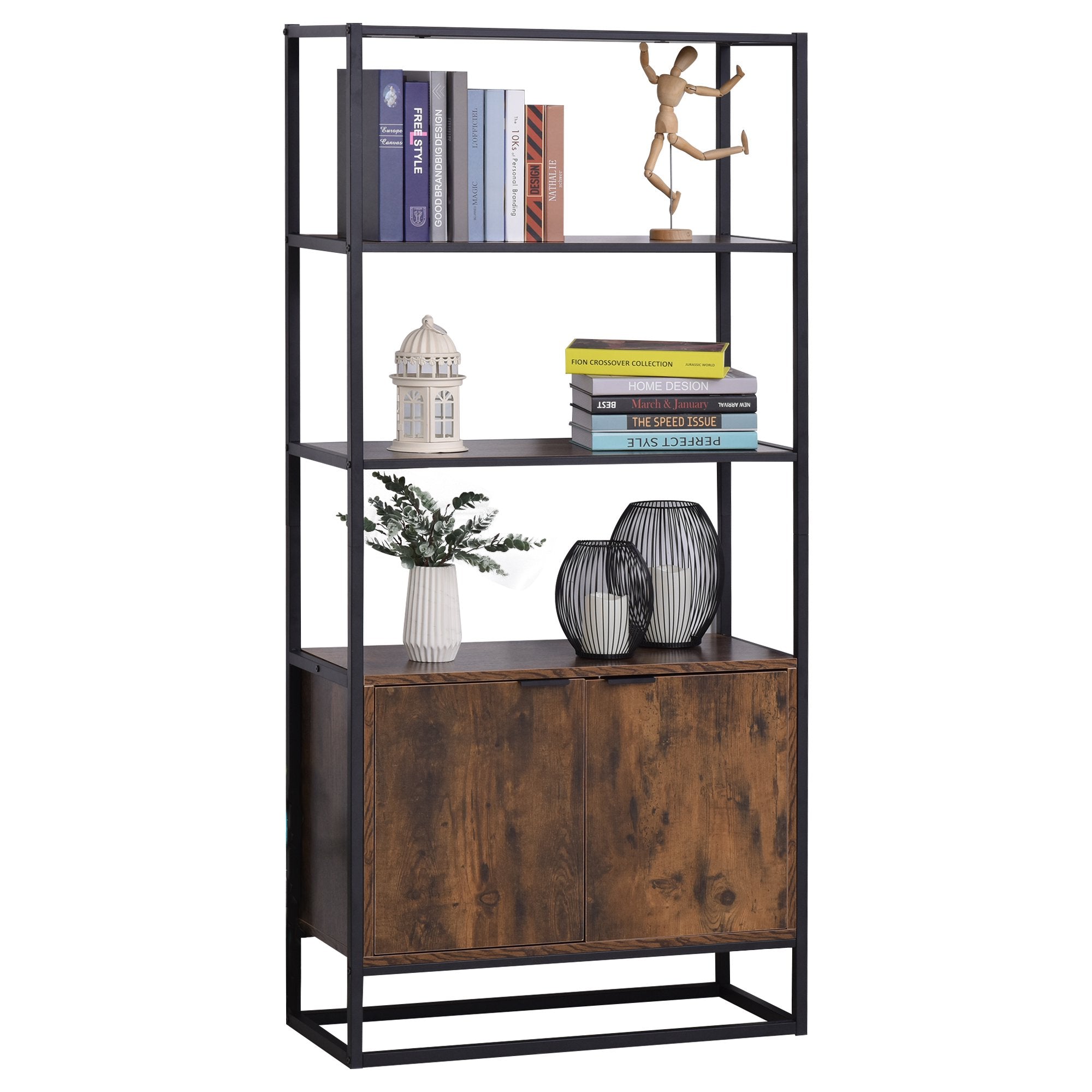 Libreria 3 Ripiani 2 Ante 76x33x162,5 cm in Legno e Metallo Nero